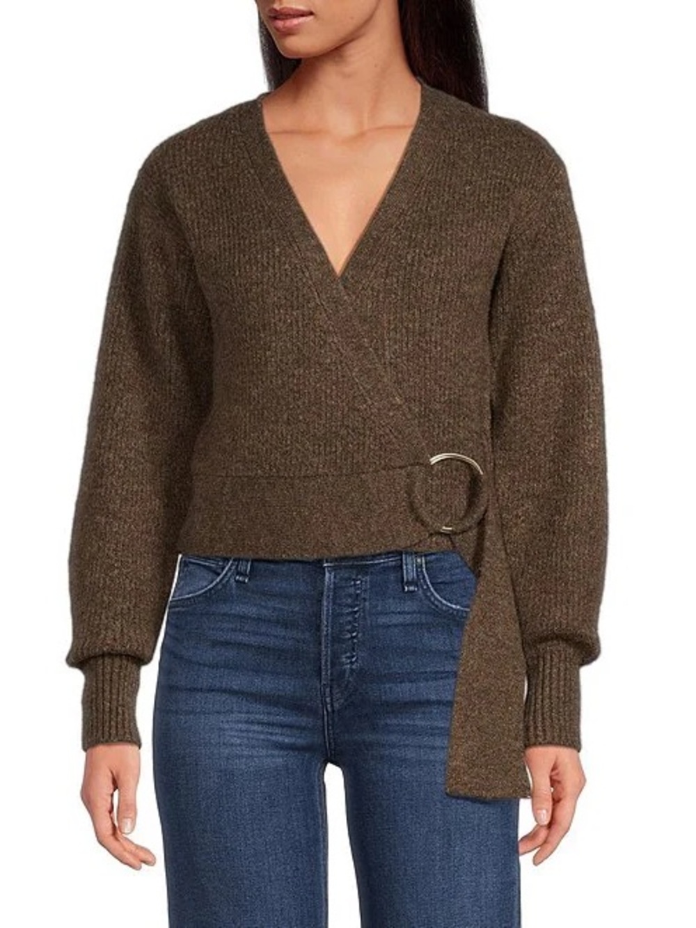 Knit V-Neck Long Sleeve Surplice Wrap Belt Sweater